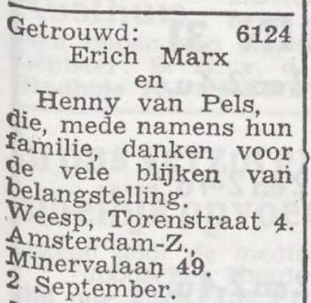 Bekendmaking van het huwelijk van Henny van Pels en Erich Marx