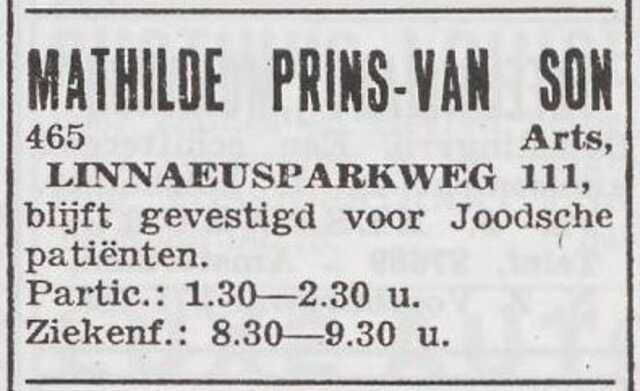 Advertentie van de arts Mathilde Prins-van Son
