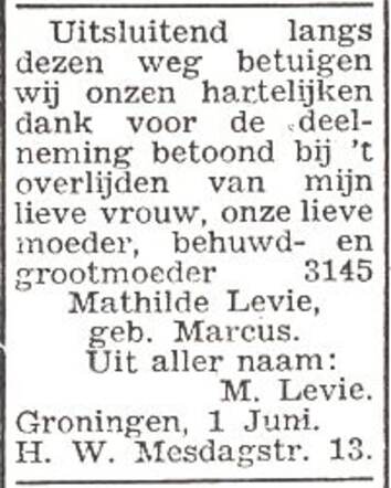 Dankbetuiging van de familie Levie