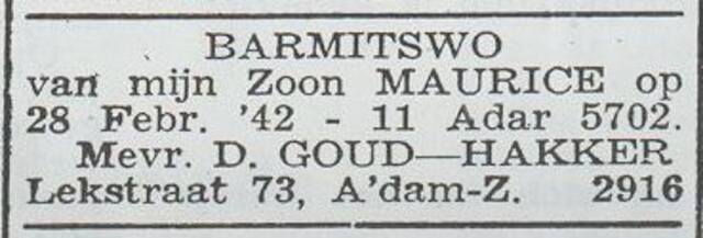 Aankondiging van de bar mitswa van Maurice Goud