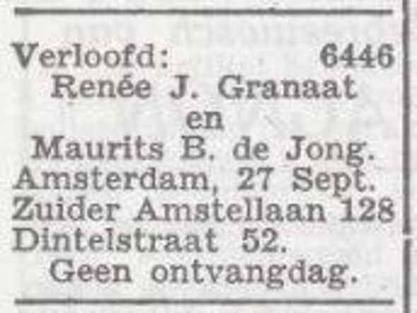 Bekendmaking van de verloving van Renee Jacoba Granaat en Maurits Benjamin de Jong