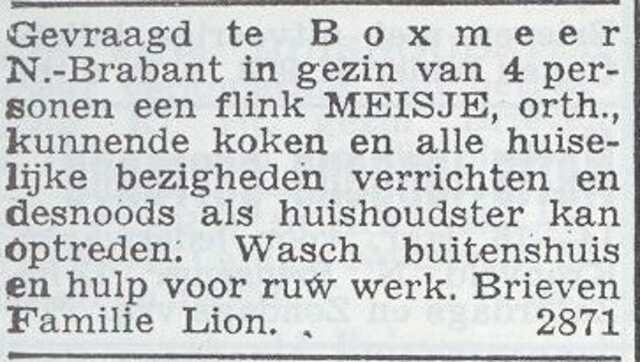 Advertentie van het gezin Maurits Lion