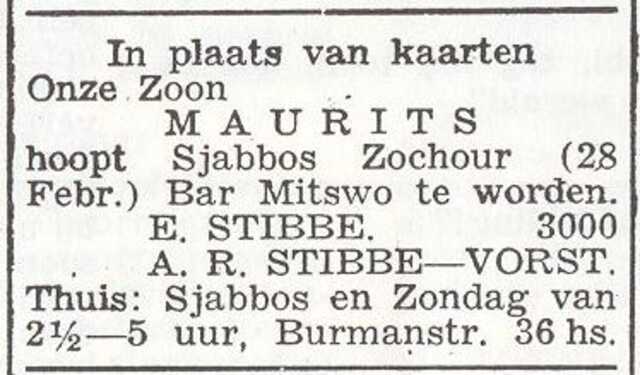 Aankondiging van de bar mitswa van Maurits Stibbe