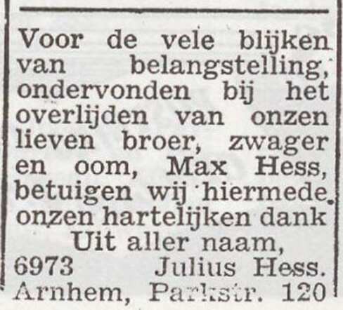 Dankbetuiging van de familie Hess