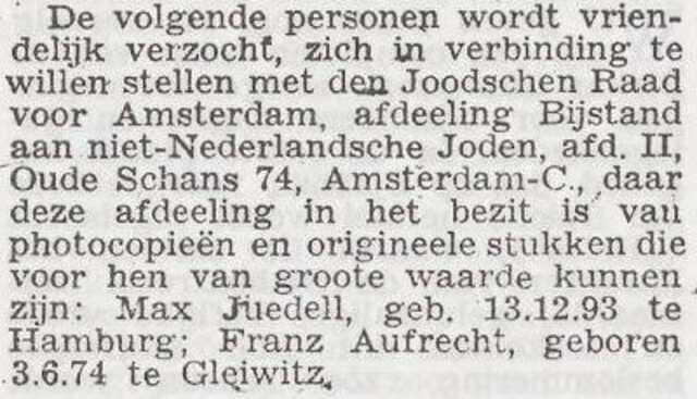 Mededeling voor Max Jüdell