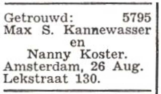 Bekendmaking van het huwelijk van Max Kannewasser en Nanny Koster