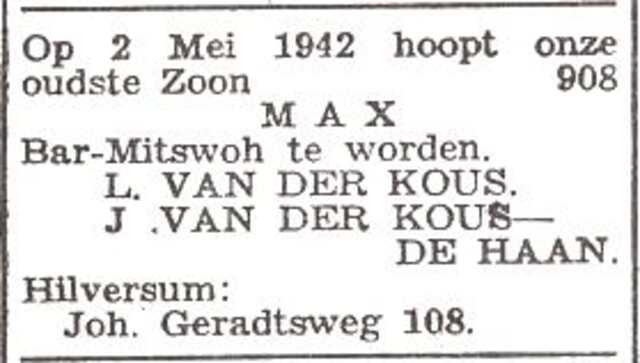 Aankondiging van de bar mitswa van Meijer Joseph (Max) van der Kous