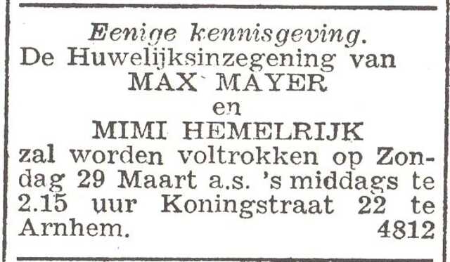 Aankondiging van de huwelijksinzegening van Max Mayer en Mimi Hemelrijk