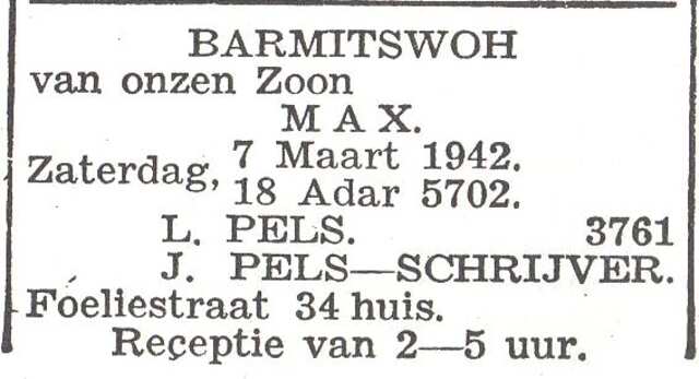 Aankondiging van de bar mitswa van Max Pels