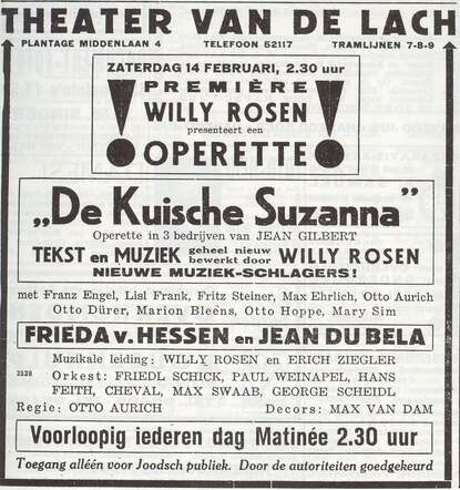 Advertentie over operette met decors van Max van Dam