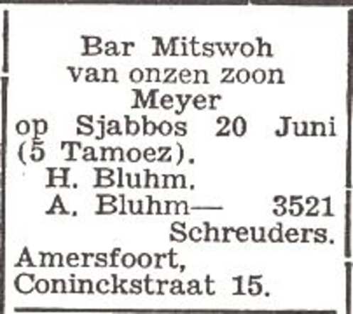 Aankondiging van de bar mitswa van Meijer Bluhm