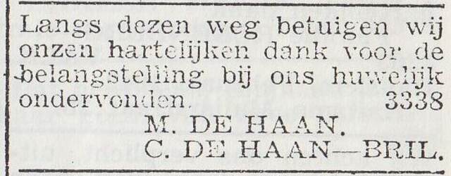 Dankbetuiging van het echtpaar de Haan-Bril