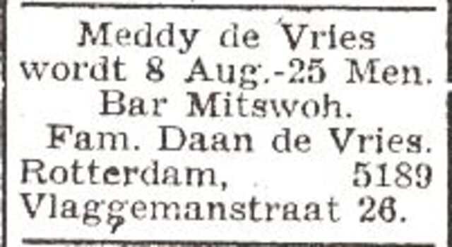 Aankondiging van de bar mitswa van Meijer de Vries