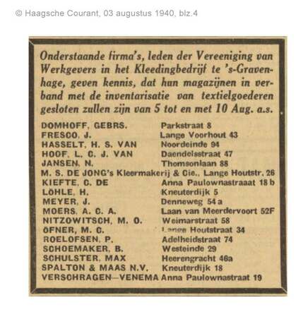 Meijer Nitzowitsch Textielfirma? (Advertentie Haagsche Courant 3 augustus 1940).