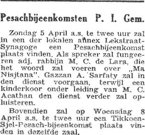 Aankondiging van een toespraak van adjunct-rabbijn Meijer Cohen de Lara