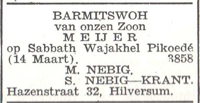 Aankondiging van de bar mitswa van Meijer Nebig