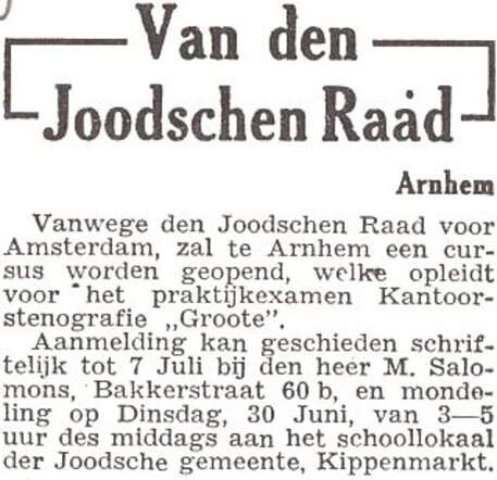 Bericht van de Joodse Raad, aanmelding cursus bij Meijer Salomons