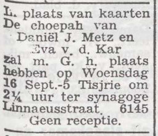 Aankondiging van de huwelijksinzegening van Eva van de Kar en Daniel Jacob Metz