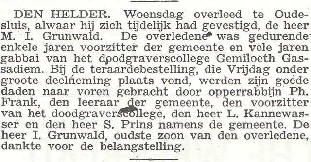 Bekendmaking van overlijden van de heer Meyer Grunwald