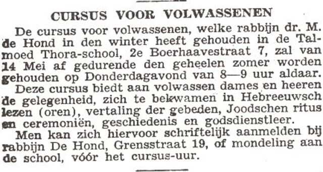 Aankondiging van een cursus door rabbijn dr. Meyer de Hond
