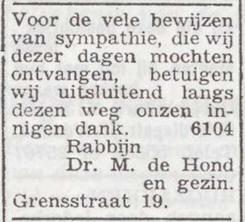 Dankbetuiging van rabbijn dr. Meyer de Hond