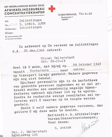 Rode Kruis brief omtrent Michel Halberstadt