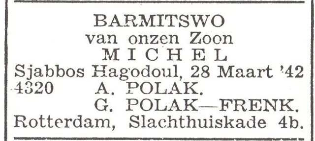 Aankondiging van de bar mitswa van Michel Polak