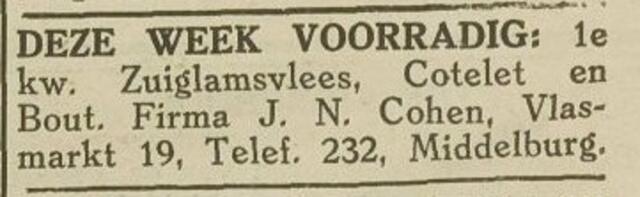 Middelburgsche Courant 11 april 1938, pag. 4. Adv. Slagerij J.N. Cohen.