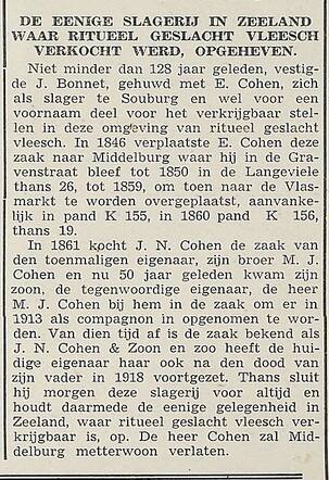 Middelburgsche Courant 1 maart 1940, pag. 2. Artikel over geschiedenis slagerij J.N. Cohen, Middelburg.