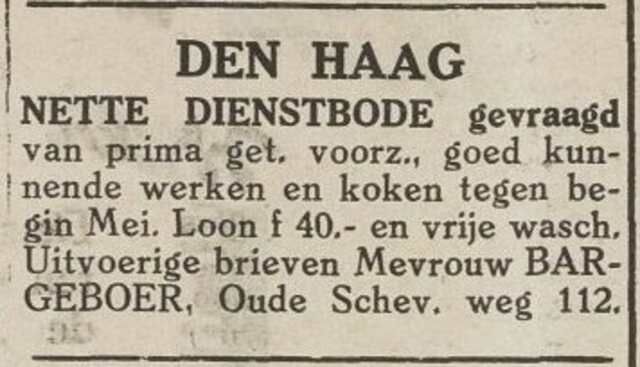Middelburgsche Courant 4 april 1930, pag. 3. Adv. gezin Bargeboer, Den Haag.