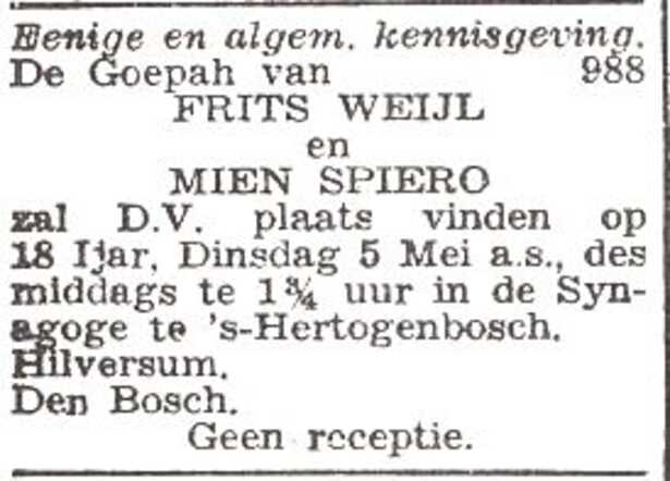 Aankondiging van de huwelijksinzegening van Frits Michel Weijl en Wilhelmina Sophia Spiero