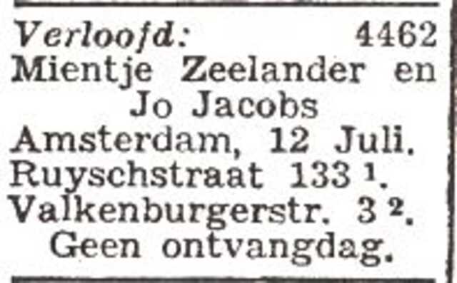 Vermelding van de verloving van Wilhelmina Zeelander en Joseph Jacobs