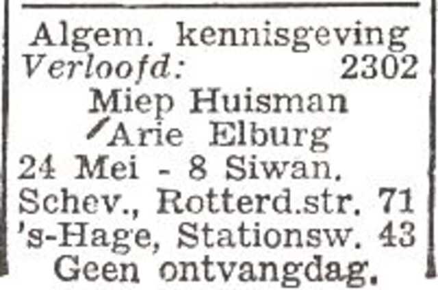 Vermelding van de verloving van Arie Elburg en Maria Filomeen (Miep) Huisman