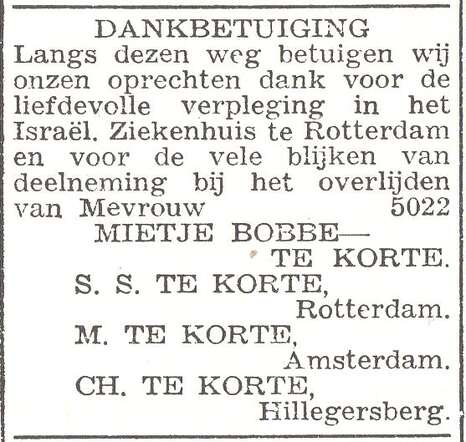 Dankbetuiging bij het overlijden van Mietje Bobbe-te Korte