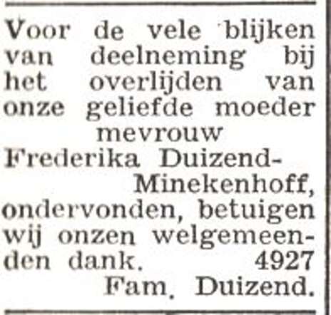 Dankbetuiging van de familie Duizend