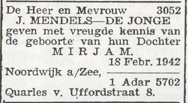 Vermelding van de geboorte van Mirjam Mendels