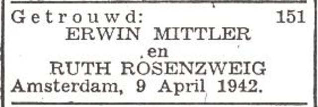 Vermelding van het huwelijk van Ruth Mirjam Rosenzweig en Erwin Mittler