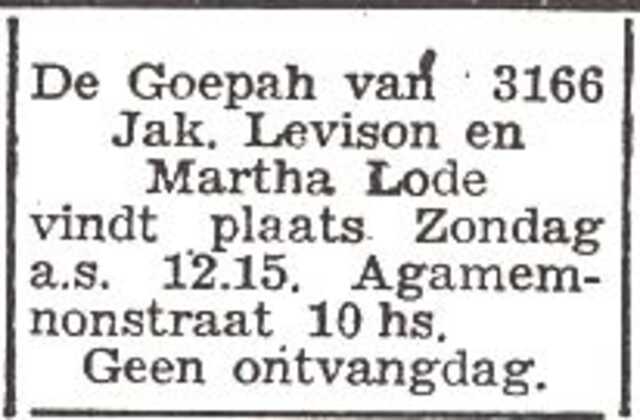 Aankondiging van de huwelijksinzegening van Martha Lode en Jakob Levison