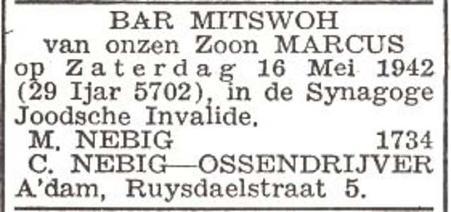 Aankondiging van de bar mitswa van Marcus Nebig