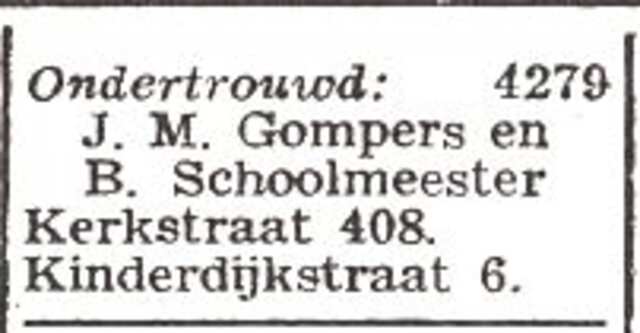 Vermelding van ondertrouw van Joseph Mozes Gompers en Rebecca Schoolmeester