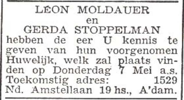 Aankondiging van de huwelijkssluiting van Gerda Stoppelman en Leon Moldauer