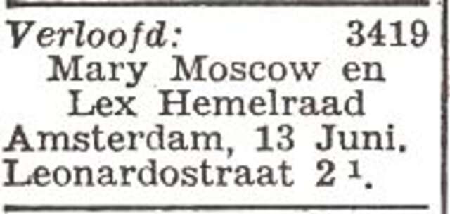 Vermelding van de verloving van Mary Moscow en Alexander Leo Jo Hemelraad