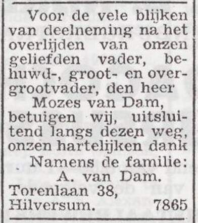 Dankbetuiging van de familie van Dam