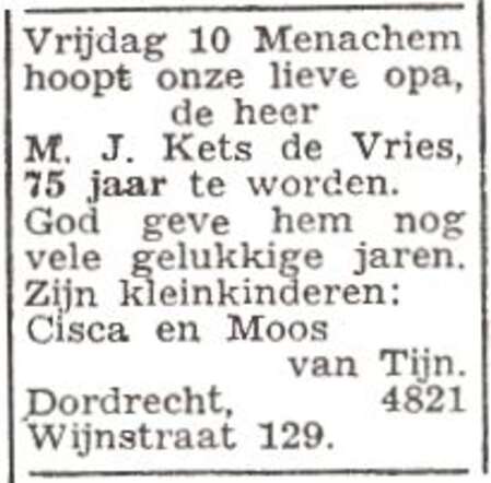 Gelukwens voor de 75ste verjaardag van opa Mozes Jacob Kets de Vries