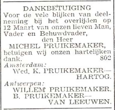 Dankbetuiging voor blijken van medeleven n.a.v. het overlijden van Machiel Pruikemaker