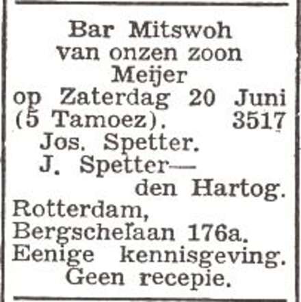 Aankondiging van de bar mitswa van Meijer Spetter