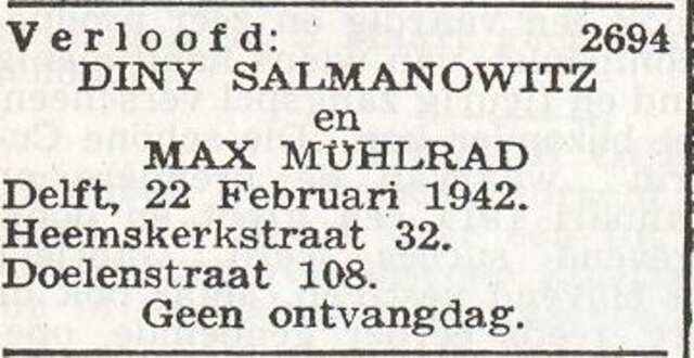 Bekendmaking van de verloving van Max Mühlrad met Diny Salmanowitz