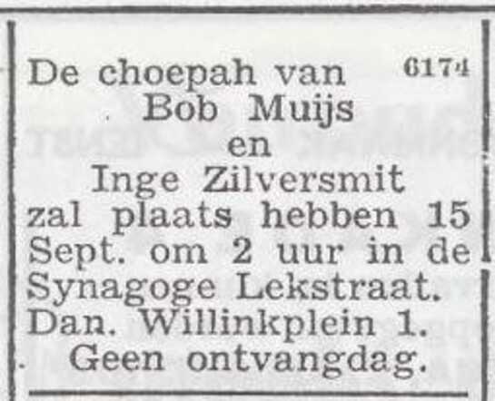 Aankondiging van de huwelijksinzegening van Ingeborg Helena Zilversmit en Bob Muijs