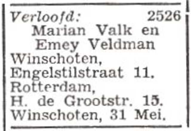 Vermelding van de verloving van Emanuel Veldman en Marianne Valk