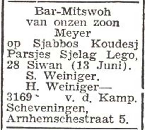Aankondiging van de bar mitswa van Meier Weiniger
